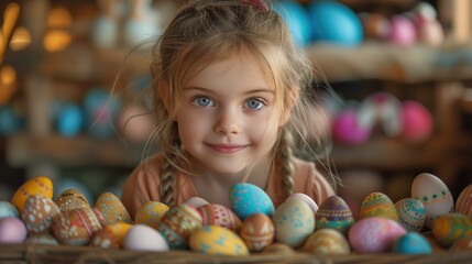Fototapeta na wymiar Young Girl With Sparkling Eyes at a Table Full of Colorful Easter Eggs