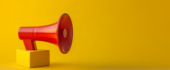 Red megaphone loudspeaker symbol on a yellow cube block against bright background with copyspace for text