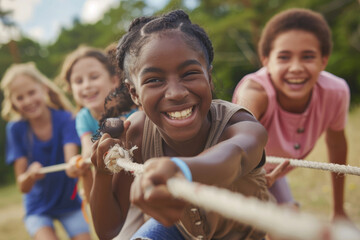 kids playing tug of war in the park. A multiracial group of people are having fun outdoors, happily laughing and cheerful while hanging out together on summer vacation at the playground - obrazy, fototapety, plakaty