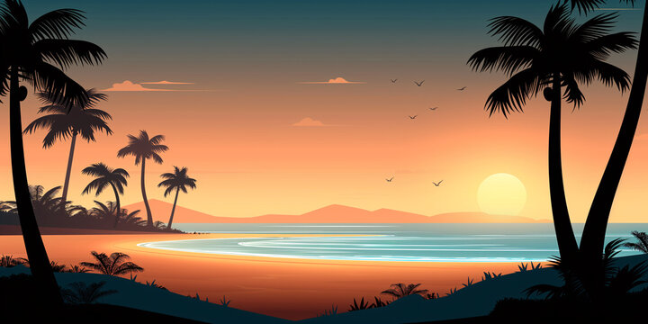 Beautiful sea background with palm trees against the sea at sunset