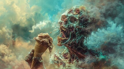 A zombie feasting on a melting ice cream cone - obrazy, fototapety, plakaty