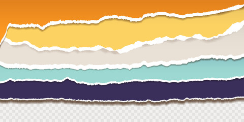 Fototapeta premium Set of colorful vector torn paper sheets. Jagged papers with soft shadows isolated on transparent backdrop