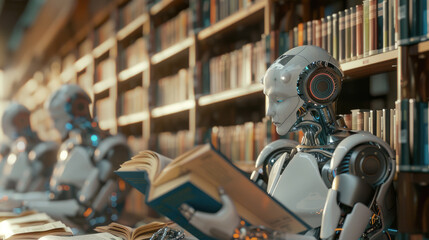 an AI robot reading books in the library, surrounded by bookshelves filled with various academic materials. The background shows other robots working on different tasks - obrazy, fototapety, plakaty