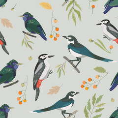 Obraz premium Seamless pattern with forest birds, leaves, berry