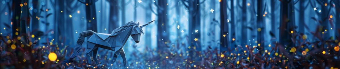 An enchanting origami unicorn prancing in a mystical forest aglow with fireflies