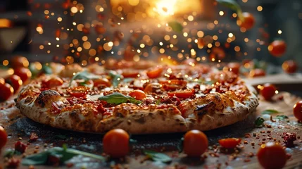  Gourmet Italian pizza on a rustic wooden board, featuring sun-dried tomatoes and mozzarella, © victoriazarubina