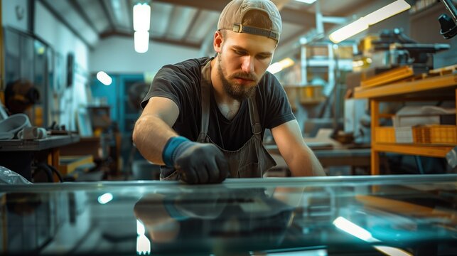 Man Working on Glass in Factory
