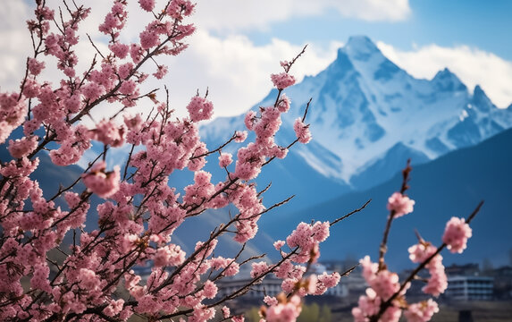 Peach blossom scenery in Linzhi, Tibet, China,created with Generative AI tecnology.