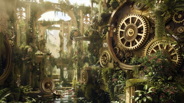 An accident at the Hanging Gardens of Babylon revealing hidden brass gears and Internet of Things devices that control the ecosystem
