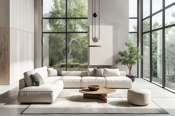 Minimalist living space with sleek modern furniture neutral colors and large windows offering abundant natural light