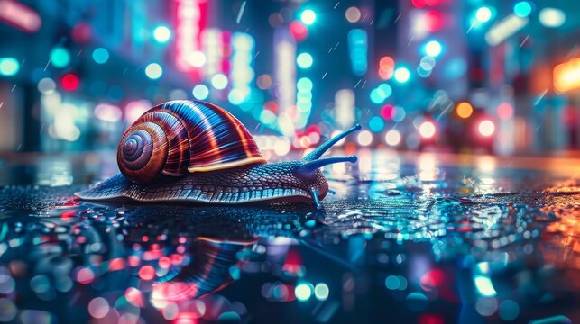 Super speed snail with vibrant light trails zooming through a neon lit city at night