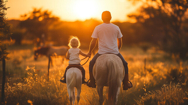 Portrait of father and young daughter holding hands and riding horses together outdoors at sunset