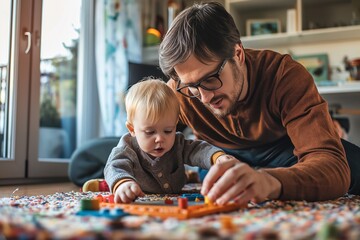A dad interacts with his young son during playtime on a colorful play mat. - 758044702