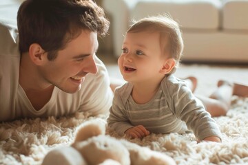Young dad enjoying playtime with his gleeful son on a fluffy carpet. - 758044744