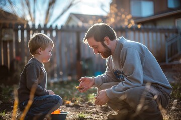 A father and son enjoy playtime with toys in the warm glow of sunset. - 758044781