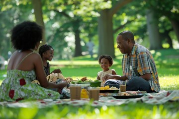 A joyful family shares a meal and laughter at a park picnic. - 758044937