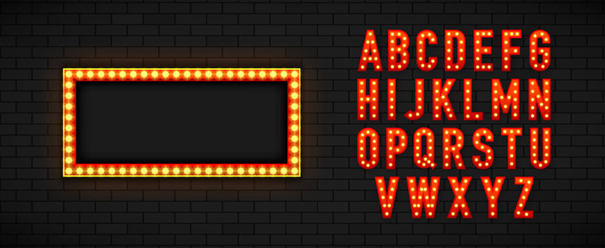 Lightbox and Alphabet. Marquee lightbox billboard with light bulb font for template on the wall background. Concept of broadway and show. Vector illustration.