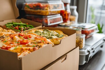 A tempting selection of takeout meals, featuring pizza and fresh salads, perfect for a delicious and convenient dining experience at home. - 758045193