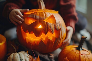 A child's hand reaches out to a glowing jack-o'-lantern, bringing to life the festive spirit of Halloween with its carved, spooky smile. - 758045321