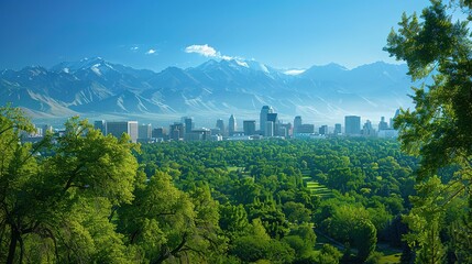 Skyline of Salt Lake City downtown in Utah with Wasatch Range Mountains in the background. Economical stock market graph