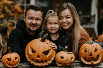 A family shares a special moment carving pumpkins together, their smiles as bright as the candles inside their Halloween creations. - 758045350