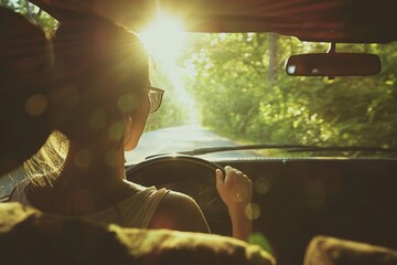 A woman enjoys the sun's rays while driving through a lush forest. - 758045351