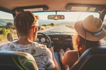 Couple on a road trip enjoying the sunset from their classic car. - 758045361