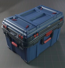 model of a modern blue storage container with red accents