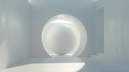 Fototapeta na wymiar Minimalist White Room with Egg-Shaped Archway Embracing Simplicity and Modern Design