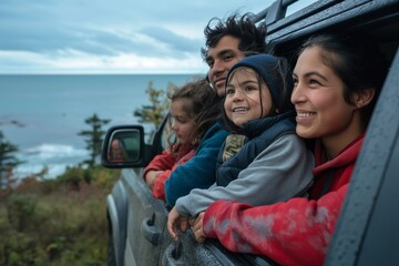 Family enjoying a seaside view from their vehicle. - 758045574