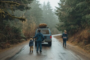 Family and SUV on a foggy forest road. - 758045595