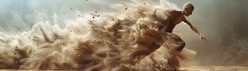 Mythical Figure Spory Emerging from a Swirling Sandstorm in a Dynamic Pose - obrazy, fototapety, plakaty