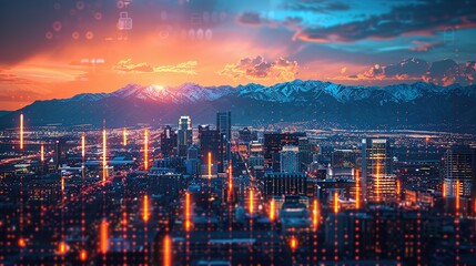 Skyline of Salt Lake City downtown in Utah with Wasatch Range Mountains in the background. Economical stock market graph - obrazy, fototapety, plakaty