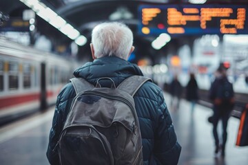 A silver-haired traveler contemplates the upcoming journey, standing amidst the hustle of the train station, a story of adventure written in time. - 758045768