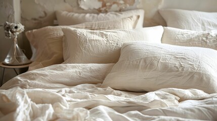 Fototapeta na wymiar Making the bed smoothing sheets