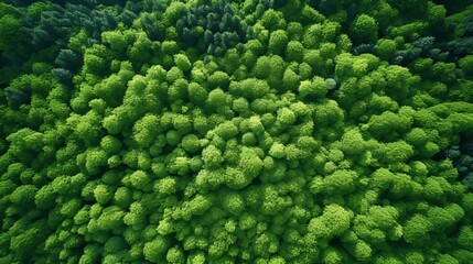 Drone capturing green trees in forest for carbon neutrality efforts and net zero emissions