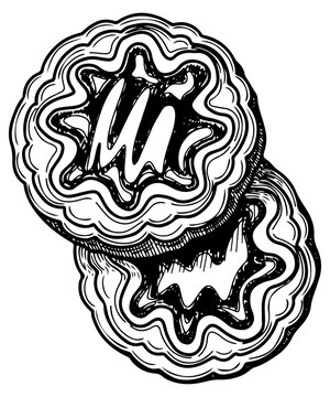 recommend clip art: Cookies with jam sketch. Sweet dessert. Bakery. Biscuit sugar food. Hand drawn vector illustration.