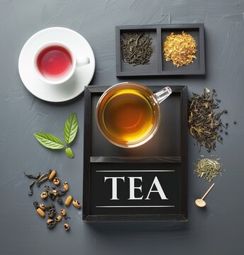Aesthetic display of tea: assorted leaves, brewed cup and aromatic ingredients