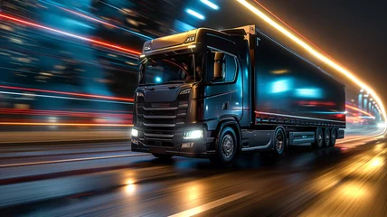 Foto op Plexiglas Futuristic truck driving on the road with motion blur background, transportation and logistics concept © kanurism