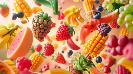 Foto op Aluminium There are a variety of tropical fruits and mixed berries in this image, topped with syrup and juice. Watermelon, banana, pineapple, strawberry, orange, mango, blueberry, cherry, raspberry, papaya. A © Zaleman