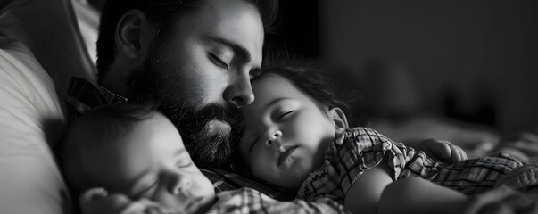 Mom and dad watching baby sleep peaceful moments - obrazy, fototapety, plakaty
