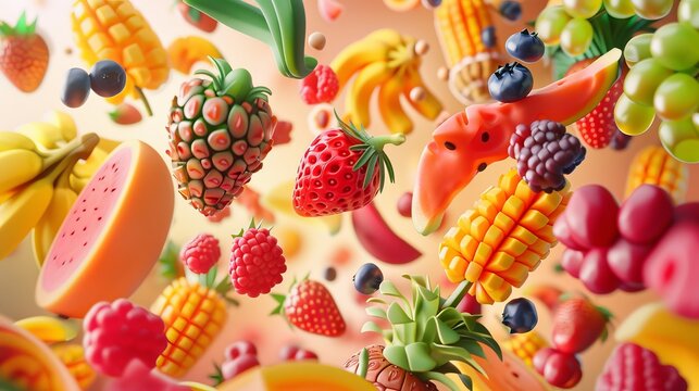 There are a variety of tropical fruits and mixed berries in this image, topped with syrup and juice. Watermelon, banana, pineapple, strawberry, orange, mango, blueberry, cherry, raspberry, papaya. A