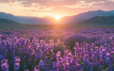 Lavender sunset scenery in Huocheng, Xinjiang, China,created with Generative AI tecnology.