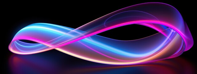 Abstract neon virtual dynamic curvy ribbon or fluorescent. Dynamic neon lines wave on black background.