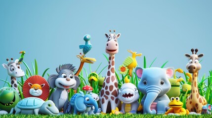 Fun animals in a 3D modern panorama. New species: kangaroo, parrot, giraffe, zebra, elephant, shark, crocodile, panda, stork, stork, shark, turtle. High quality 50MB EPS. - obrazy, fototapety, plakaty
