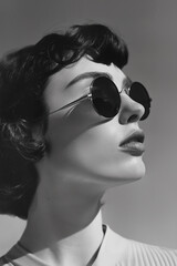 Black and white side view photography of a brunette young woman with rounded sunglasses looking up at the sun in summer, vintage 1960s style fashion model girl portrait - 758046374