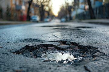 Potholes on the road after the rain