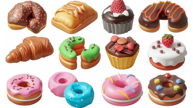 Icons for sweet food in 3D rendering. Cake, donut, croissant, cupcake, ice cream, chocolate.