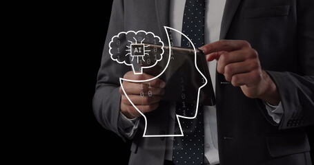 Image of ai data processing and icon over biracial businessman using tablet