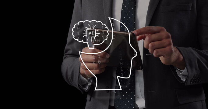 Image of ai data processing and icon over biracial businessman using tablet